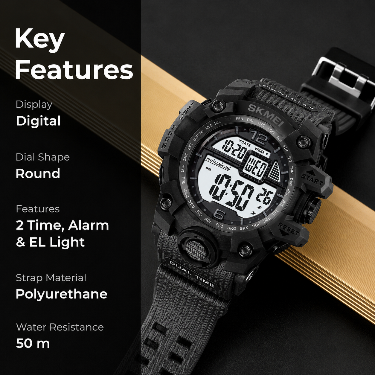 Rugged Digital Sports Watch for Men with Dual Time Display and Outdoor Adventure Style
