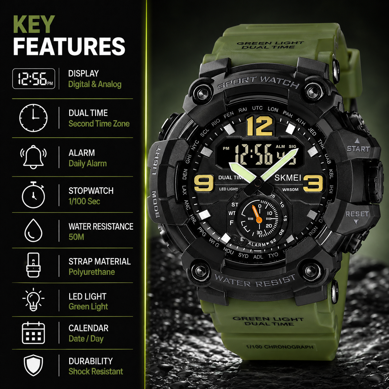 Premium Analog Digital Sports Watch for Men with Dual Time LED Display Alarm and Rugged Design