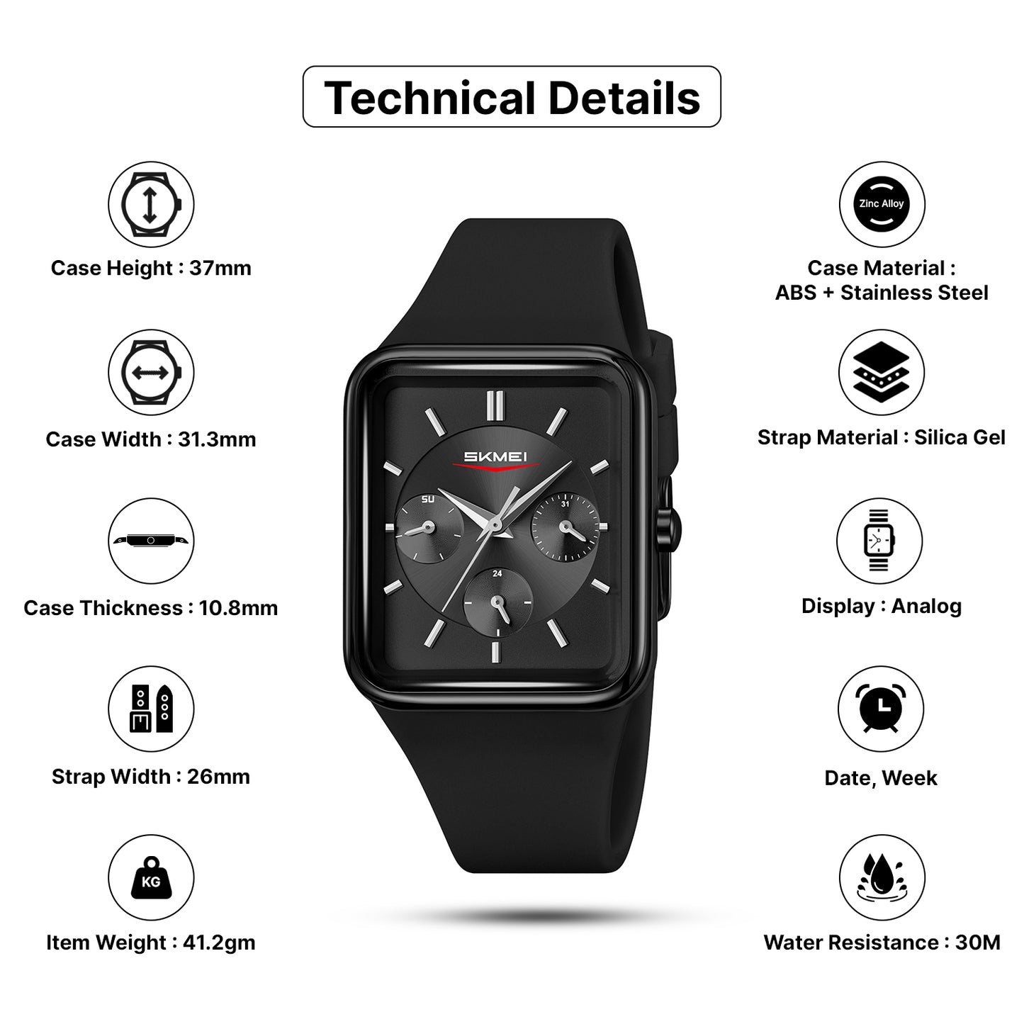 Skmei Analog Rectangle Black Dial ABS Case Silica Strap Watch for Women - 2323