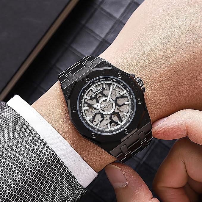 Skmei Automatic Skeleton Mechanical Dial Stainless Steel Strap Analog Watch for Men - M036