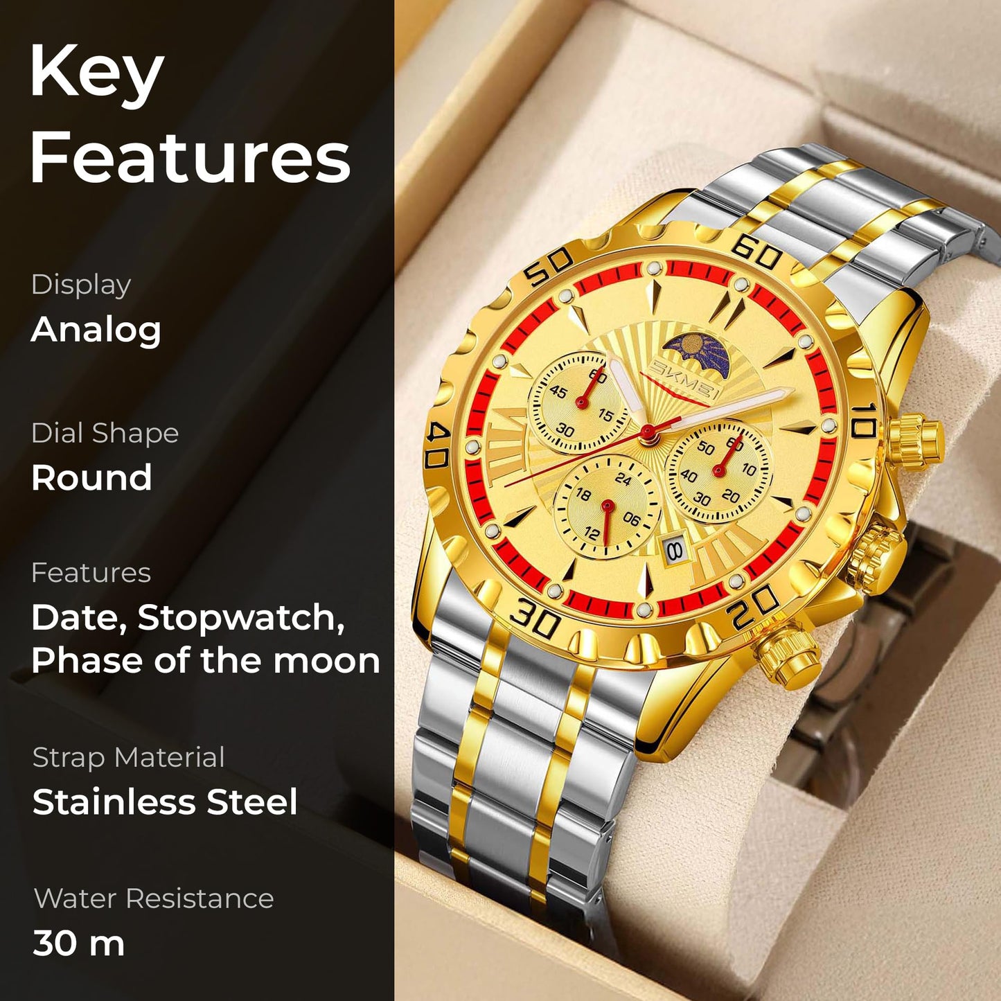 Luxury Multifunction Analog Wrist Watch with Metal Bracelet for men