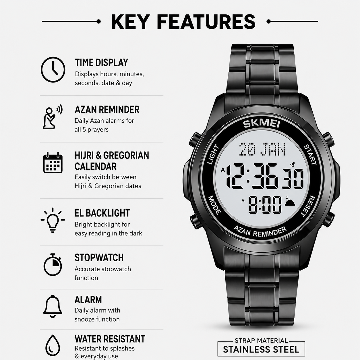 Digital Watch with Stainless Steel Strap for men