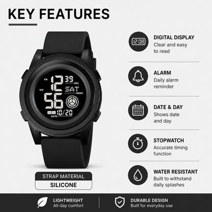 Rugged Digital Sports Wristwatch with Flexible Strap for men
