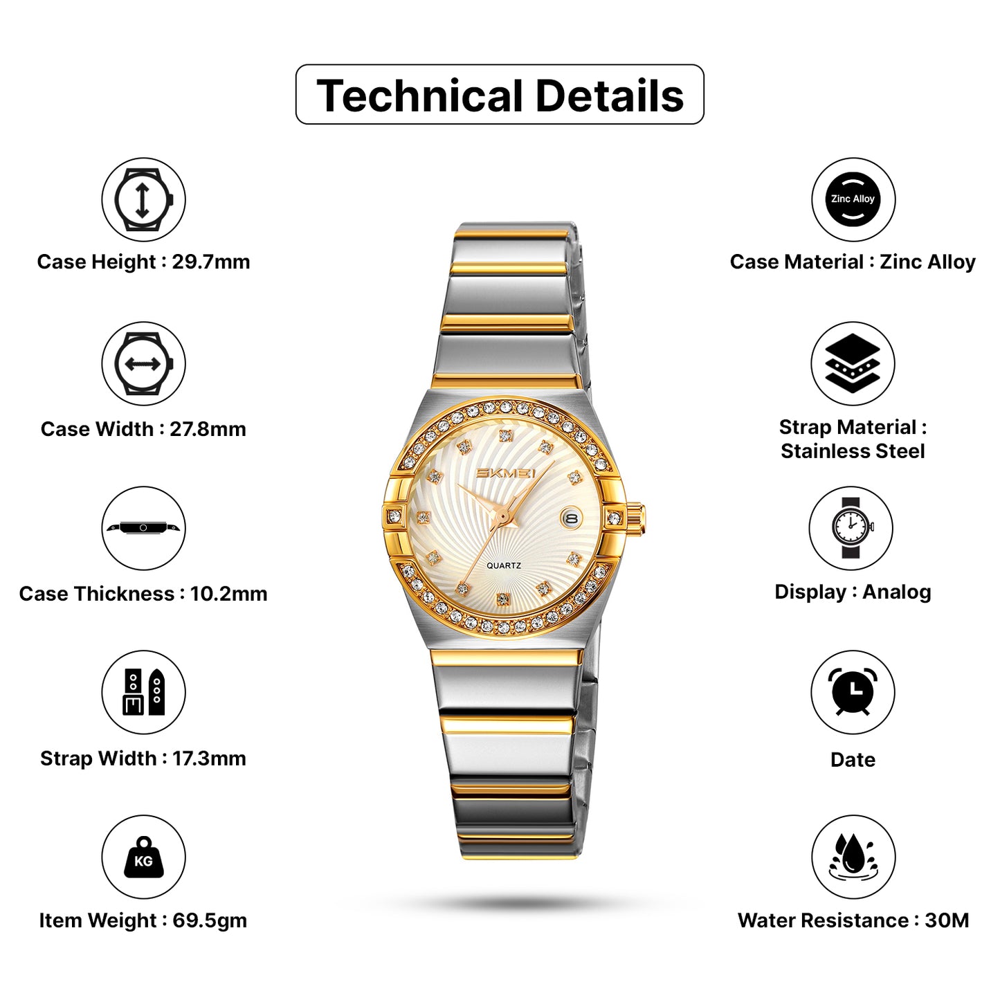 Skmei Analog Black Dial Zinc Alloy Case Stainless Steel Strap Watch for Women - 2342