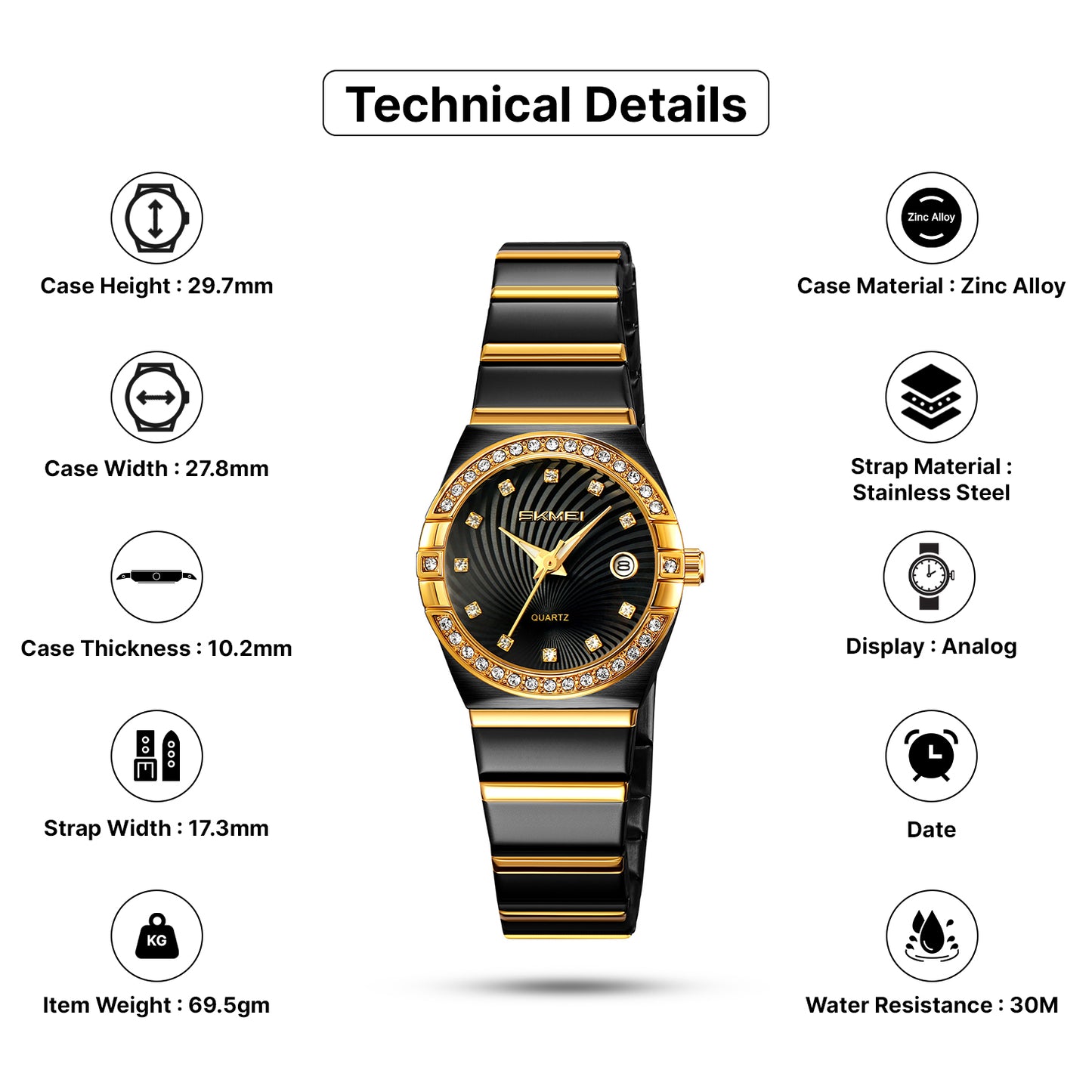 Skmei Analog Black Dial Zinc Alloy Case Stainless Steel Strap Watch for Women - 2342