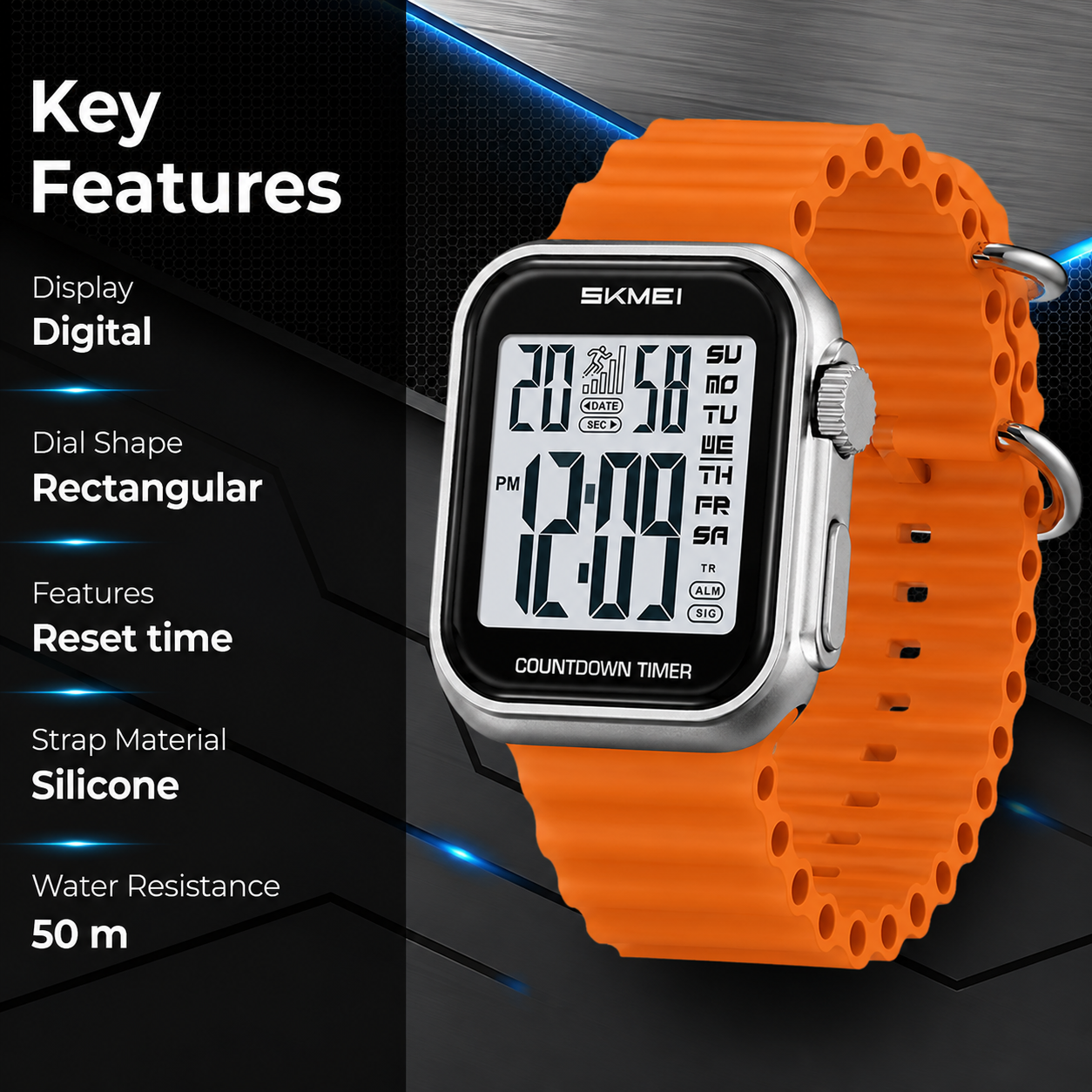 Square Digital Wrist Watch with Silicone Strap for men