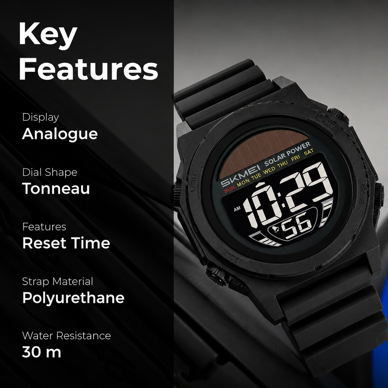 Solar Powered Digital Sports Watch with Silicone Strap for men