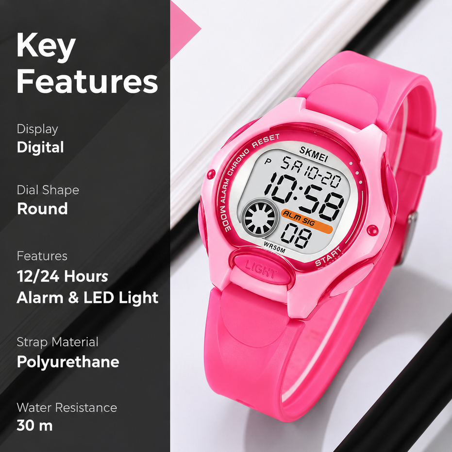 Digital Watch for Kids with Rose Red Silicone Strap and Round Dial for Casual & Formal Wear