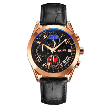 Elegant Analog Chronograph Wrist Watch with Leather Strap For Men