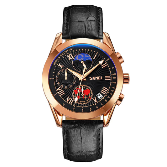 Elegant Analog Chronograph Wrist Watch with Leather Strap For Men