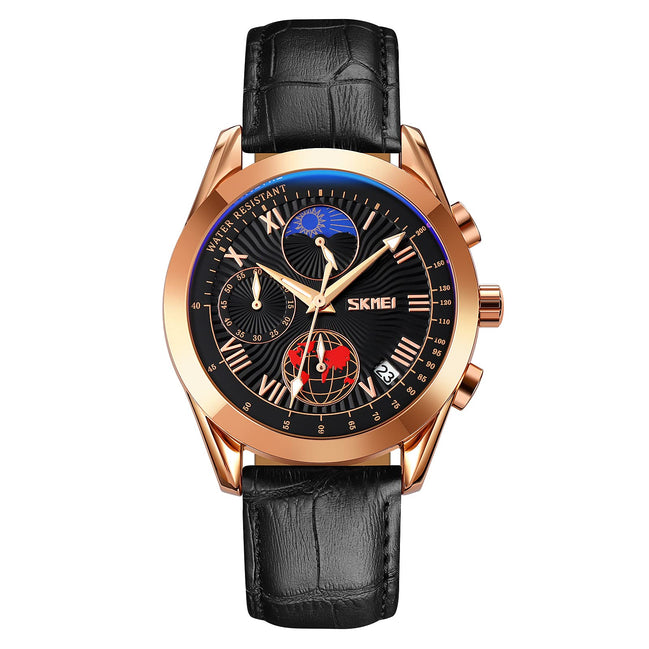 Analog Watch for Men with Rose Gold - Black Leather Strap and Round Dial for Casual & Formal Wear