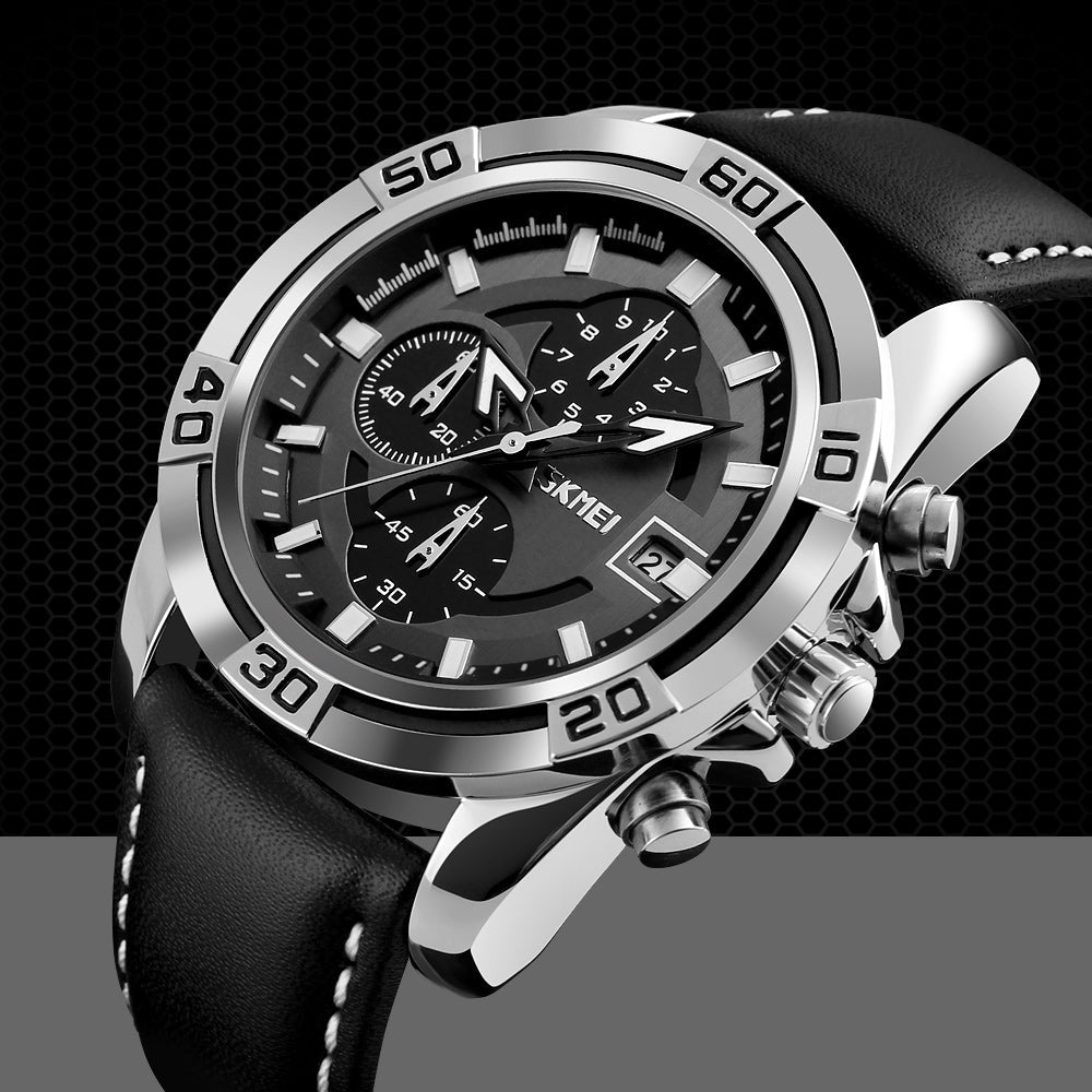 Black Leather Band Stainless Steel Case Watch For Men's - 9156