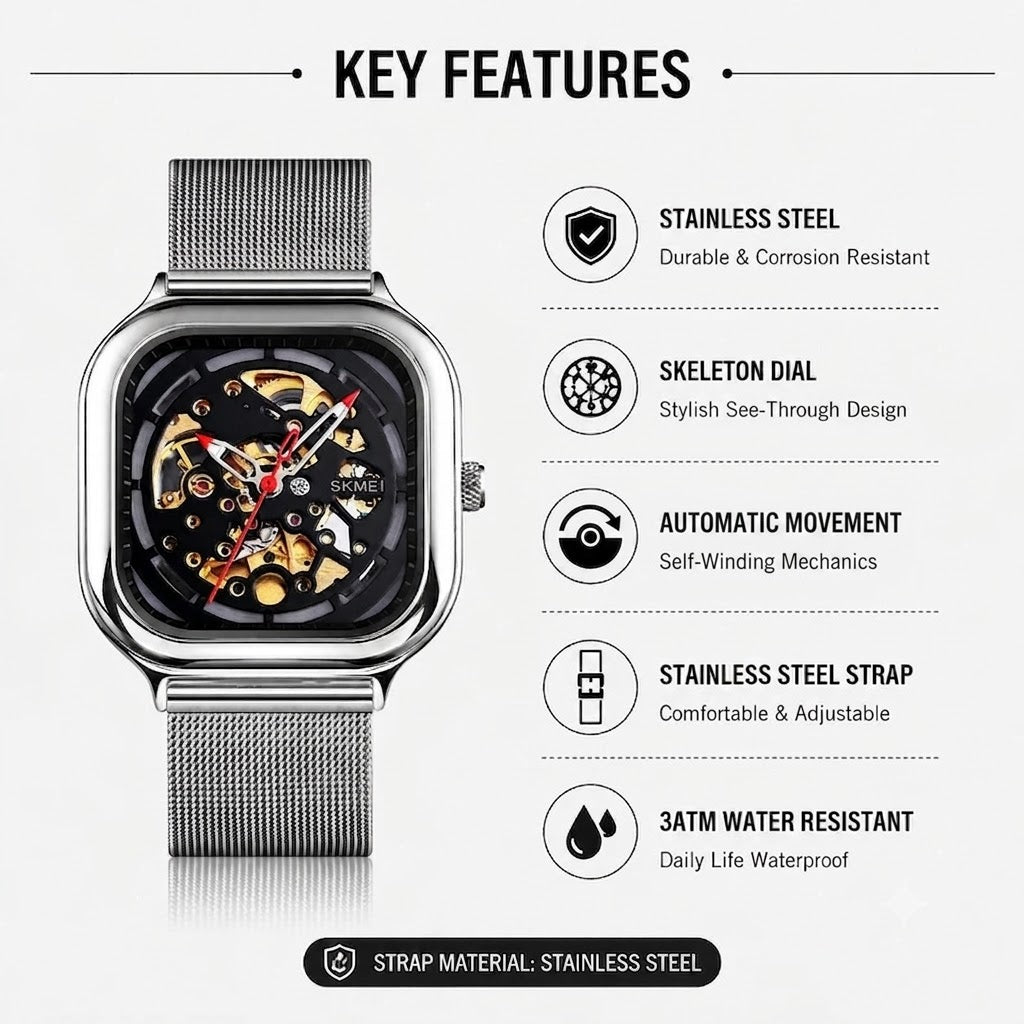 Automatic Watch for Men with Silver Stainless Steel Strap and Round Dial for Casual & Formal Wear