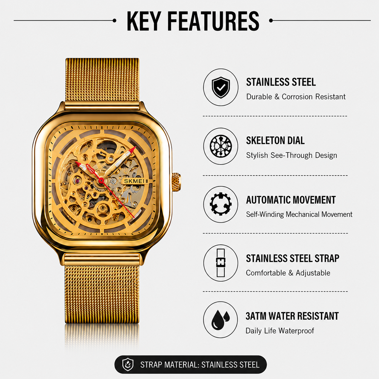 Automatic Watch for Men with Gold Stainless Steel Strap and Round Dial for Casual & Formal Wear