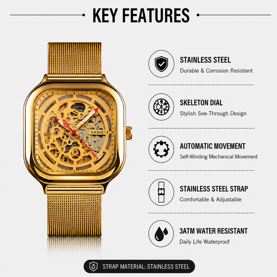 Automatic Watch for Men with Gold Stainless Steel Strap and Round Dial for Casual & Formal Wear