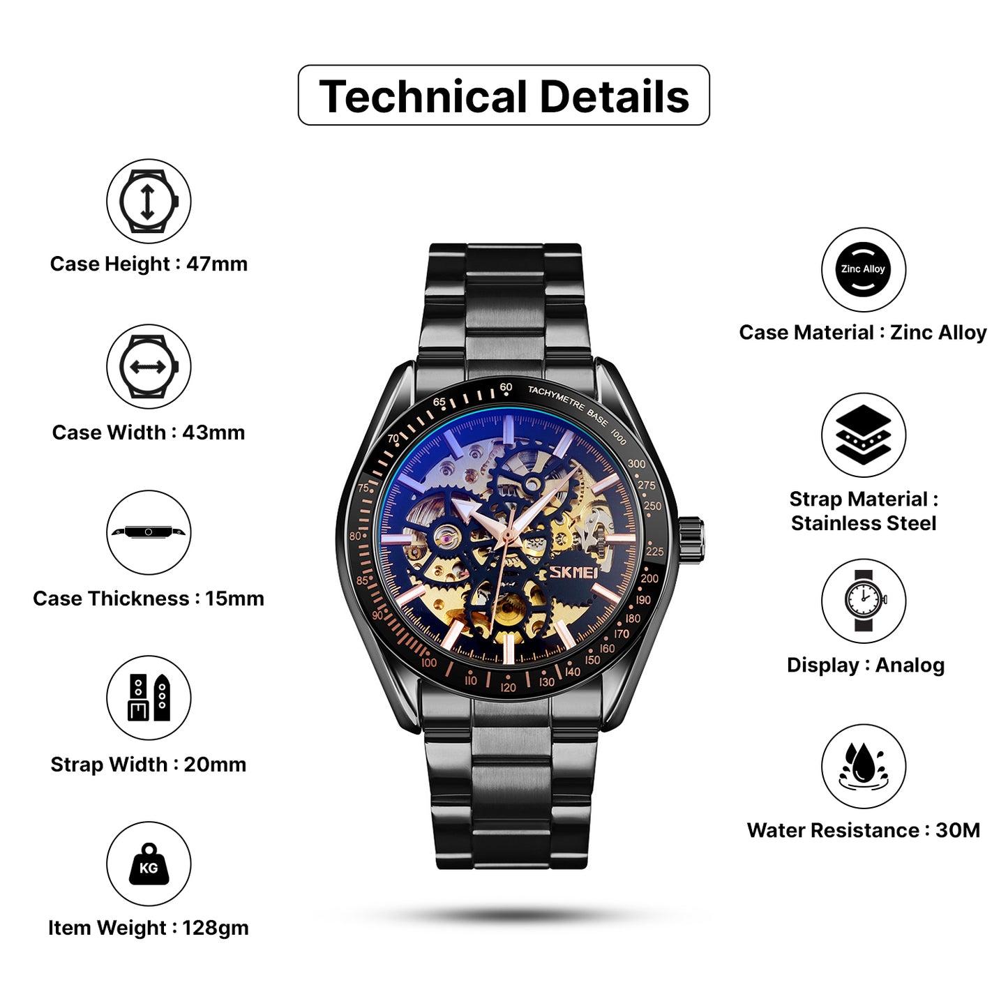 Skmei Automatic Analog Dial Stainless Steel Strap Watch for Men - 9194