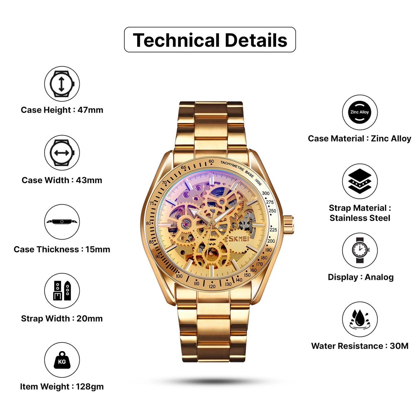 Skmei Automatic Analog Dial Stainless Steel Strap Watch for Men - 9194