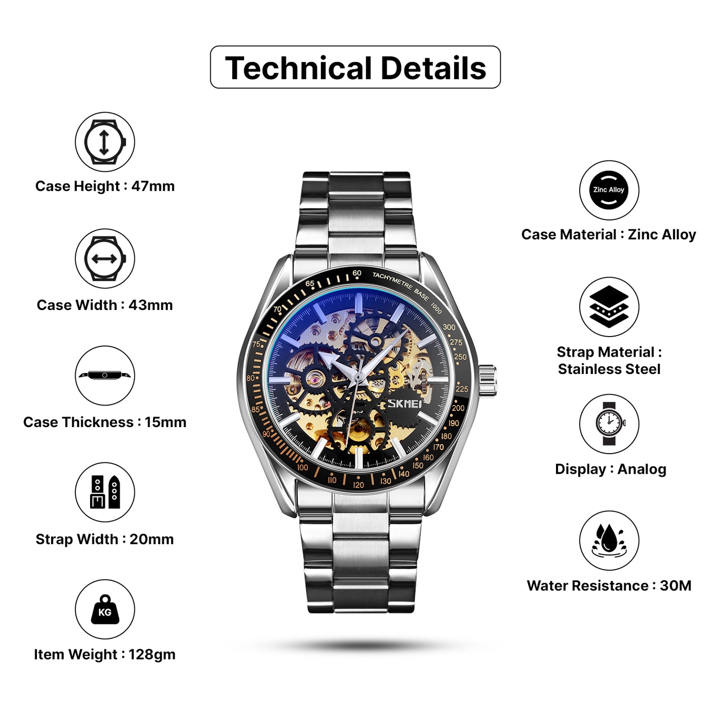 Skmei Automatic Analog Dial Stainless Steel Strap Watch for Men - 9194