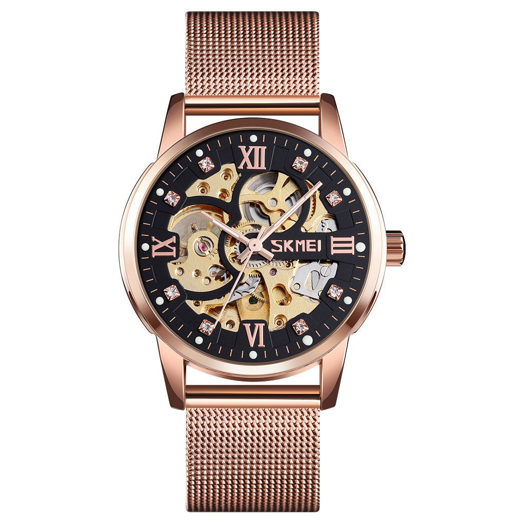 Elegant Skeleton Analog Wrist Watch with Mesh Strap For Men