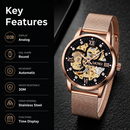 Elegant Skeleton Analog Wrist Watch with Mesh Strap For Men