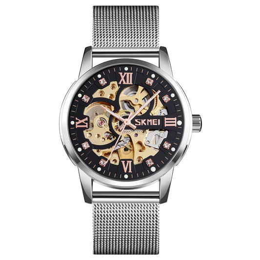 Elegant Skeleton Analog Wrist Watch with Mesh Strap For Men