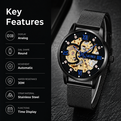 Elegant Skeleton Analog Wrist Watch with Mesh Strap For Men