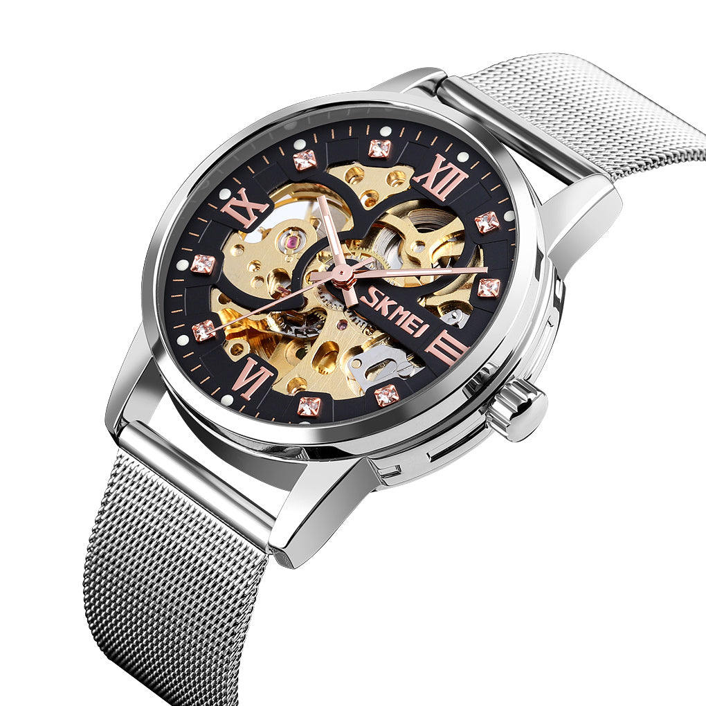 Elegant Skeleton Analog Wrist Watch with Mesh Strap For Men