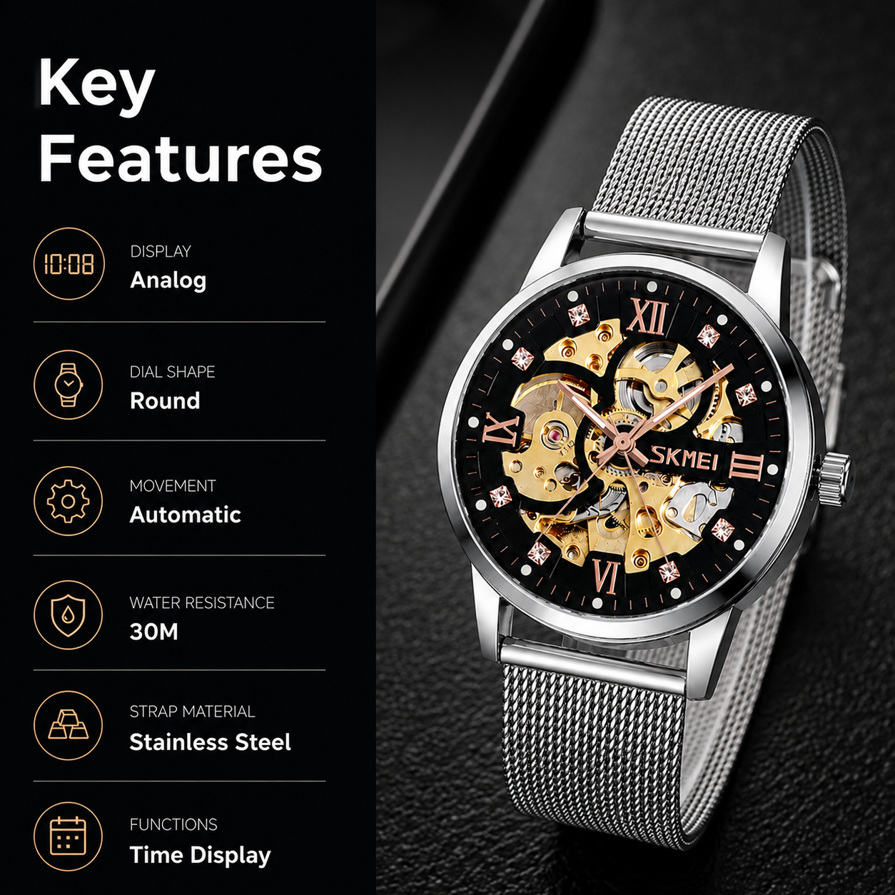 Elegant Skeleton Analog Wrist Watch with Mesh Strap For Men