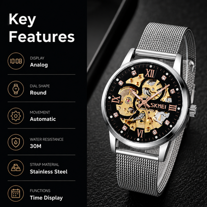 Elegant Skeleton Analog Wrist Watch with Mesh Strap For Men