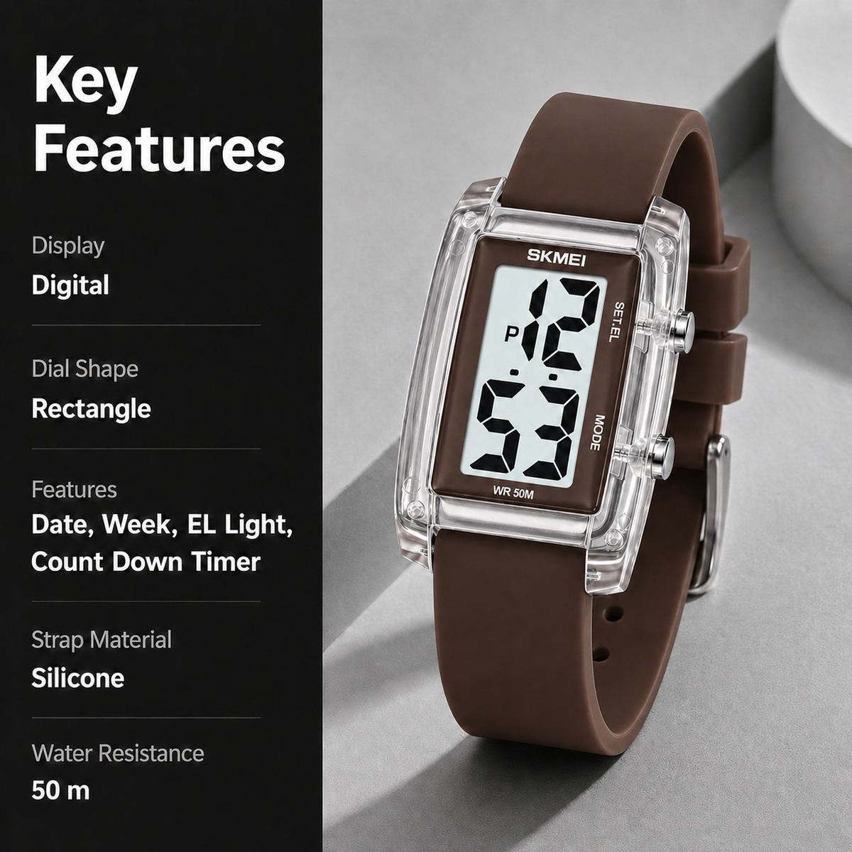 Digital Watch for Kids with Brown Silicone Strap and Round Dial for Casual & Formal Wear