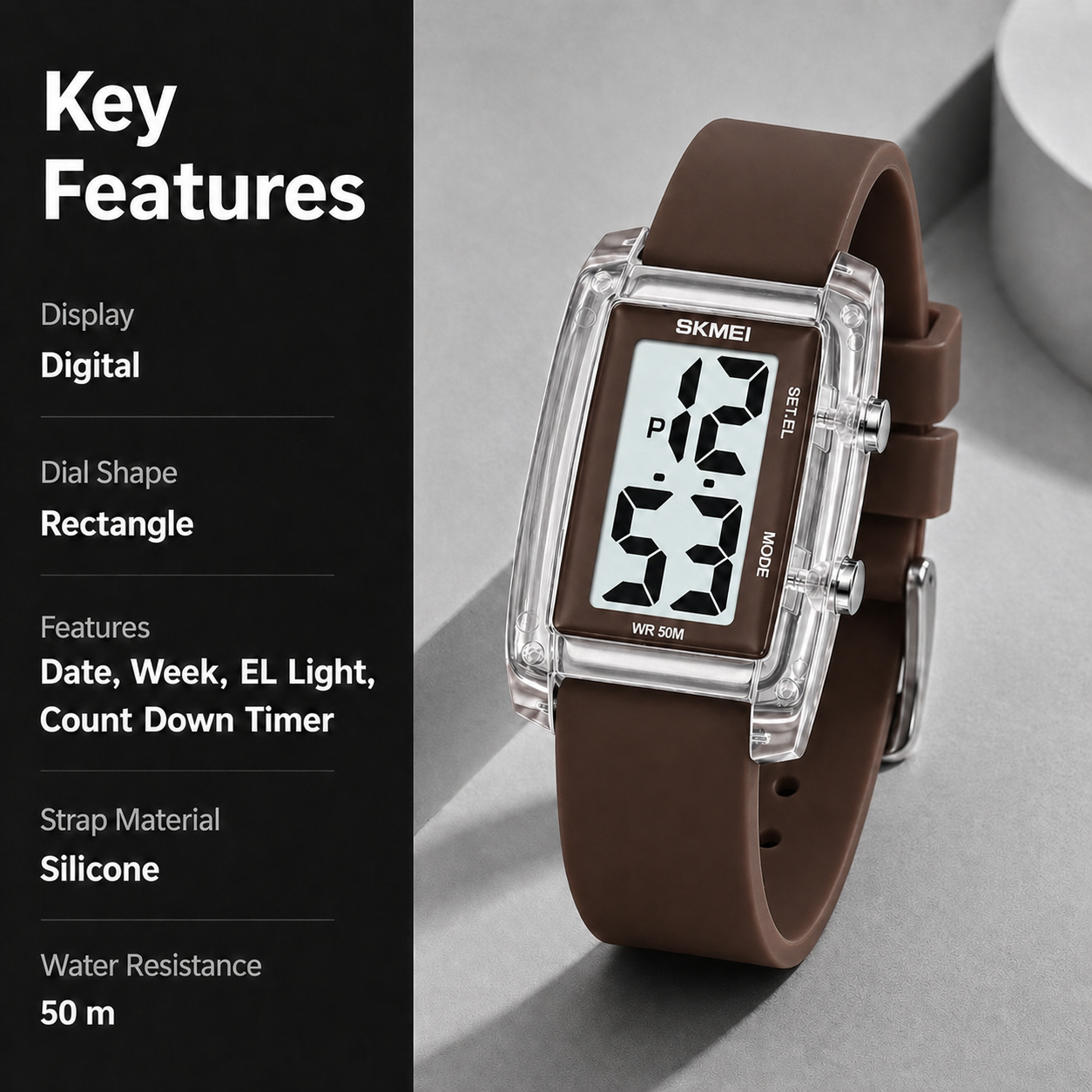 Digital Watch for Men LED Display, Rectangle Dial, Waterproof Sports Watch with Silicone Strap