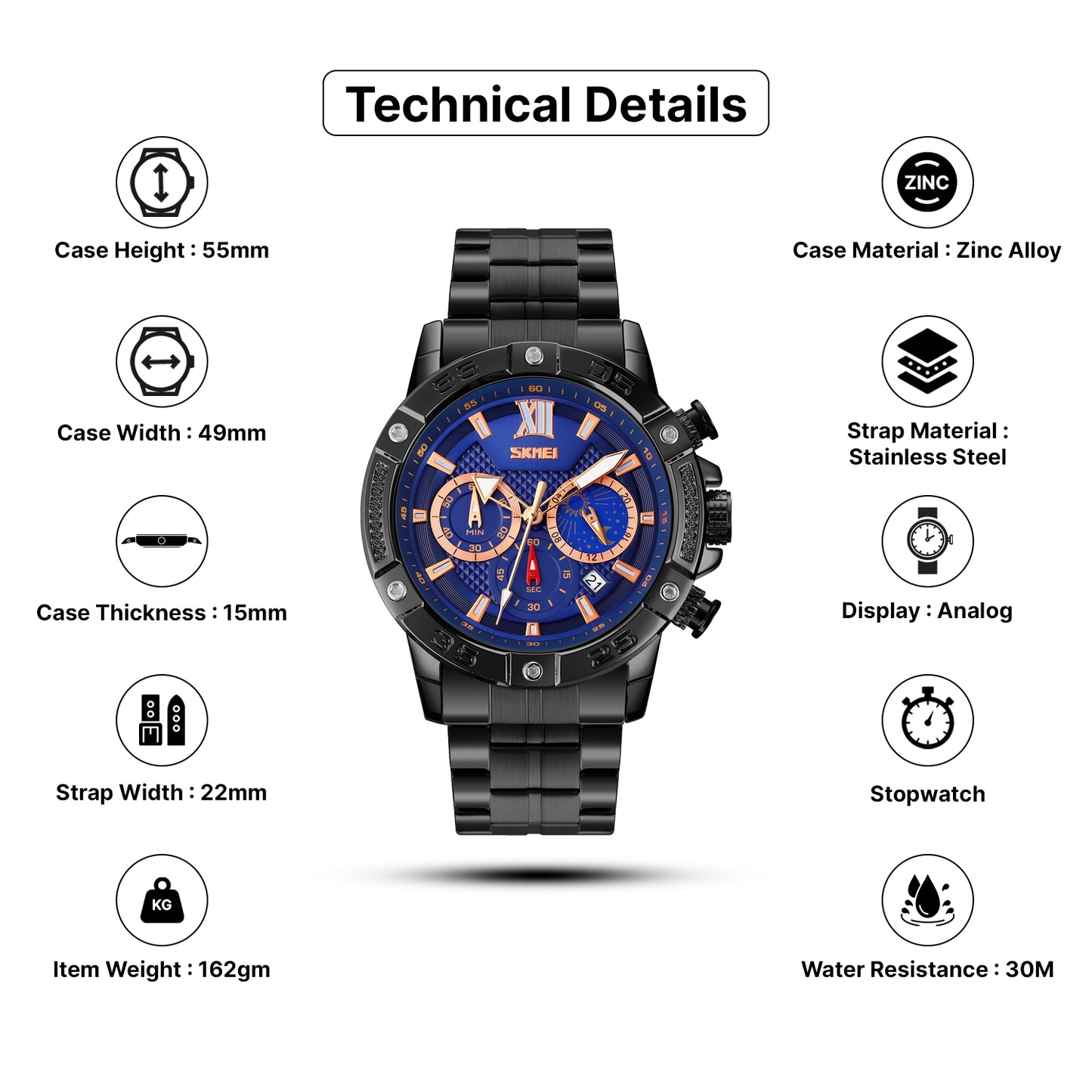 Skmei Quartz Analog Dial Stainless Steel Strap Watch for Men - 9235