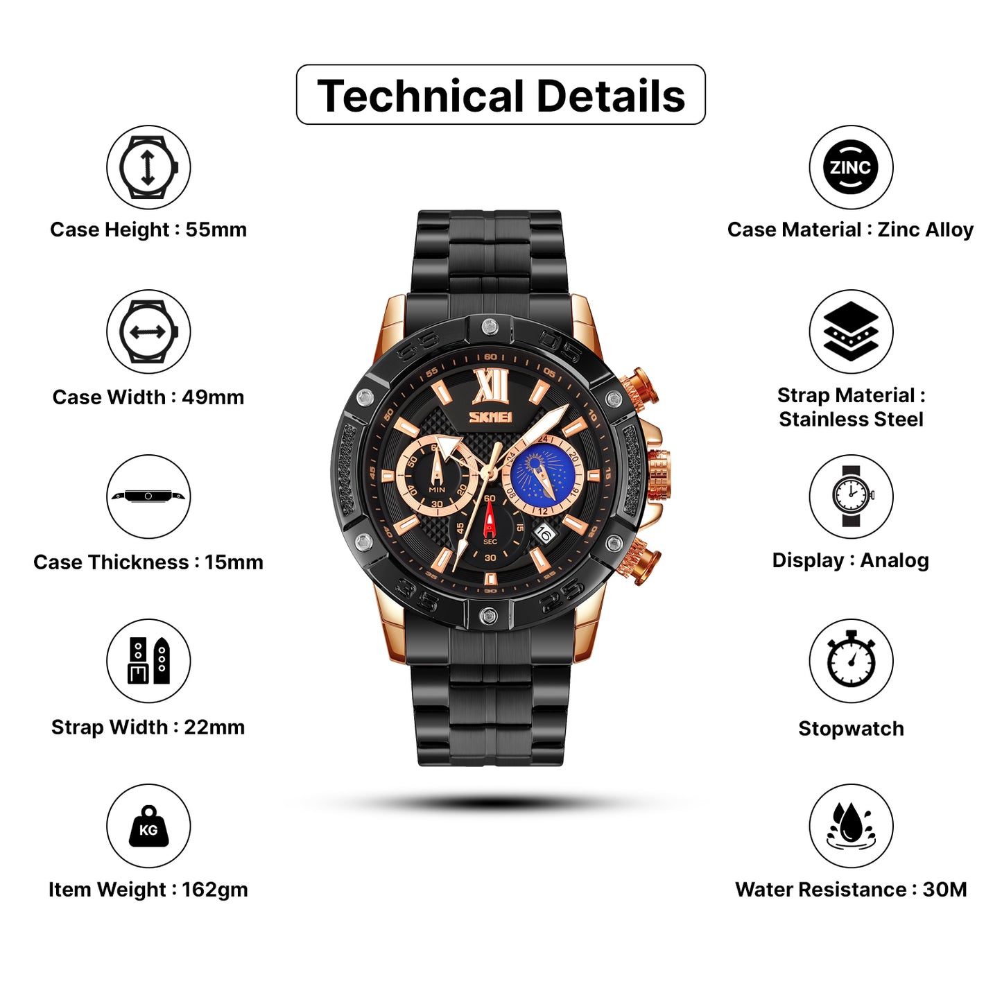 Skmei Quartz Analog Dial Stainless Steel Strap Watch for Men - 9235