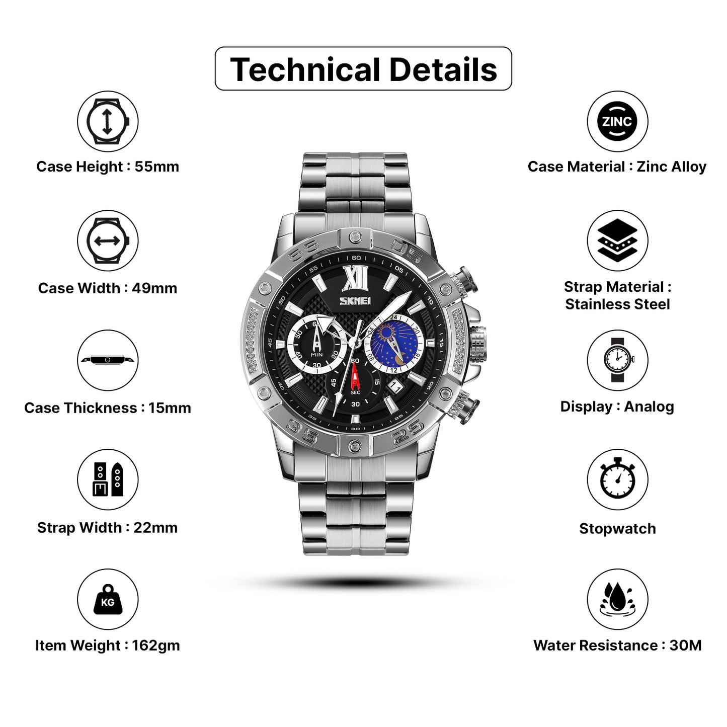 Skmei Quartz Analog Dial Stainless Steel Strap Watch for Men - 9235