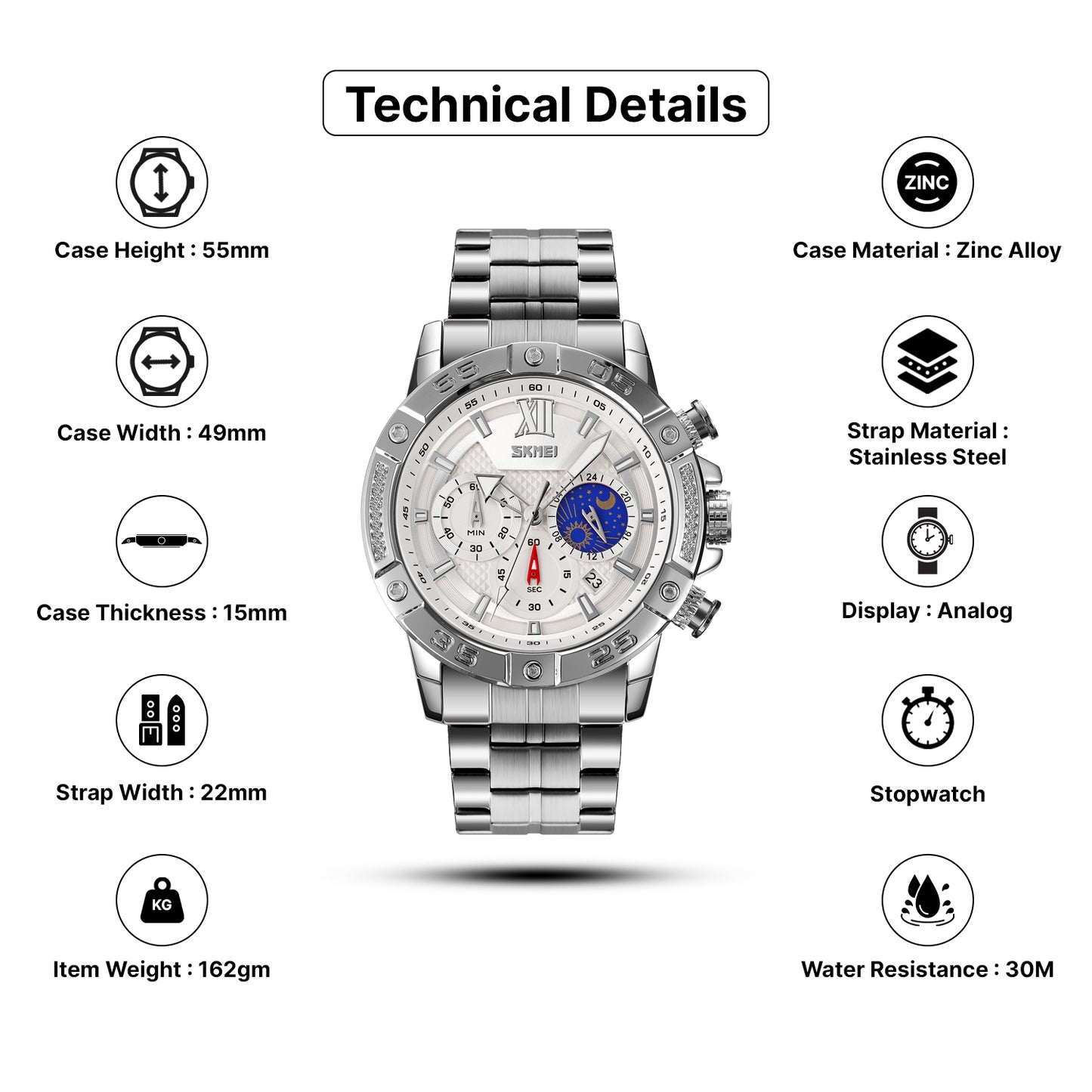 Skmei Quartz Analog Dial Stainless Steel Strap Watch for Men - 9235