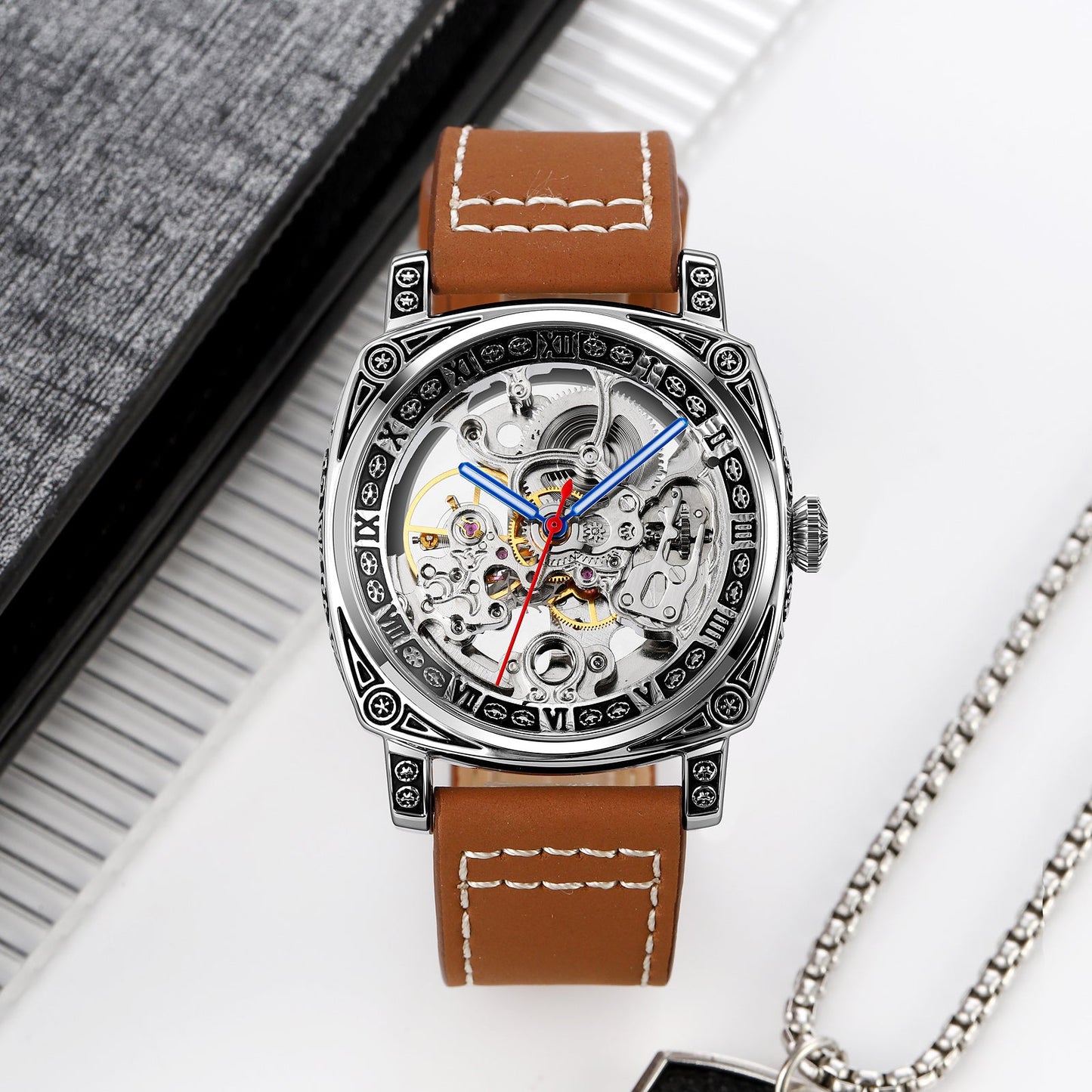 Automatic Mechanical Watch Men's Leather Strap Wristwatches - 9271