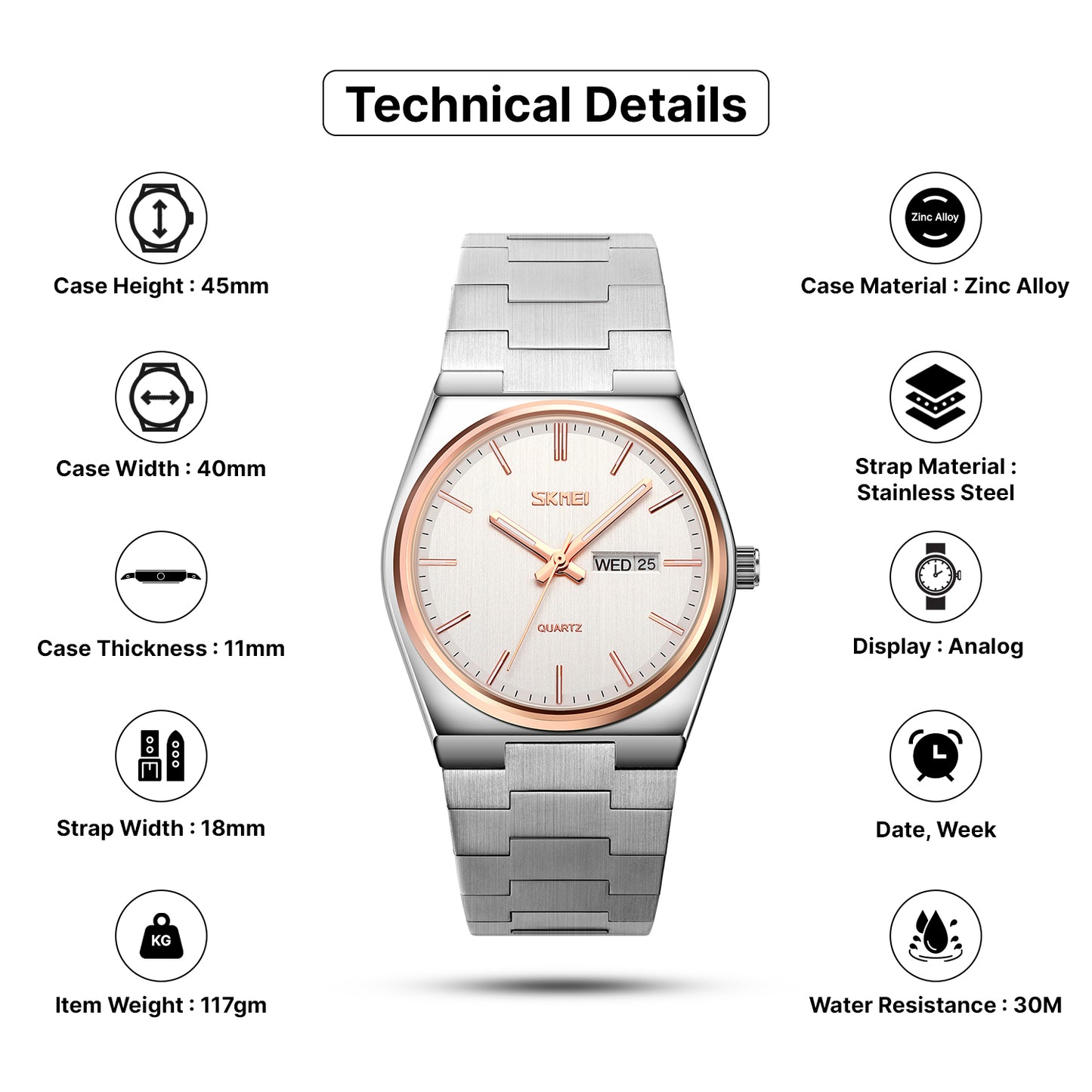 Skmei Quartz Analog Dial Stainless Steel Strap Watch for Men - 9288