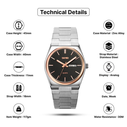 Skmei Quartz Analog Dial Stainless Steel Strap Watch for Men - 9288