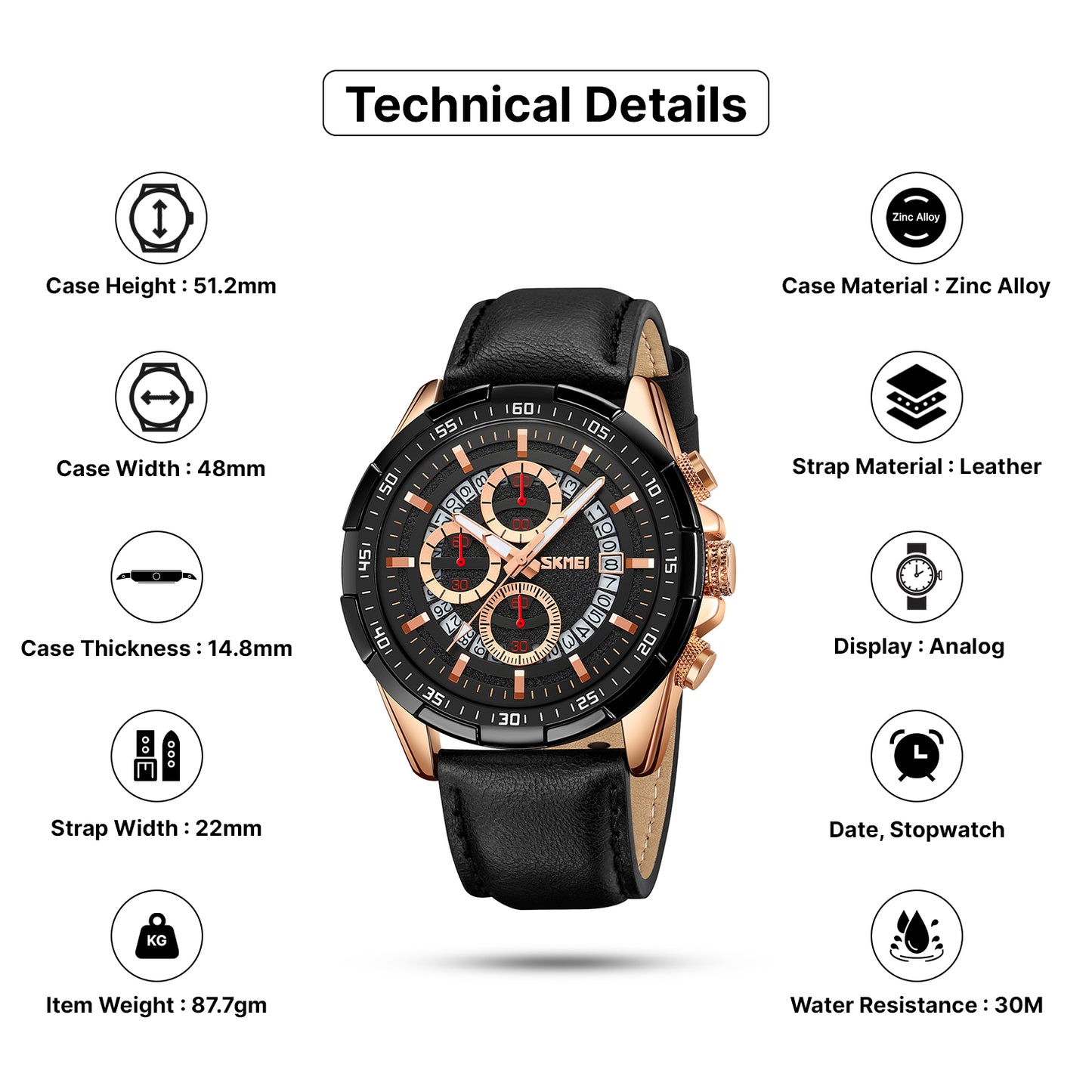 Skmei Quartz Analog Dial Leather Strap Watch for Men - 9312