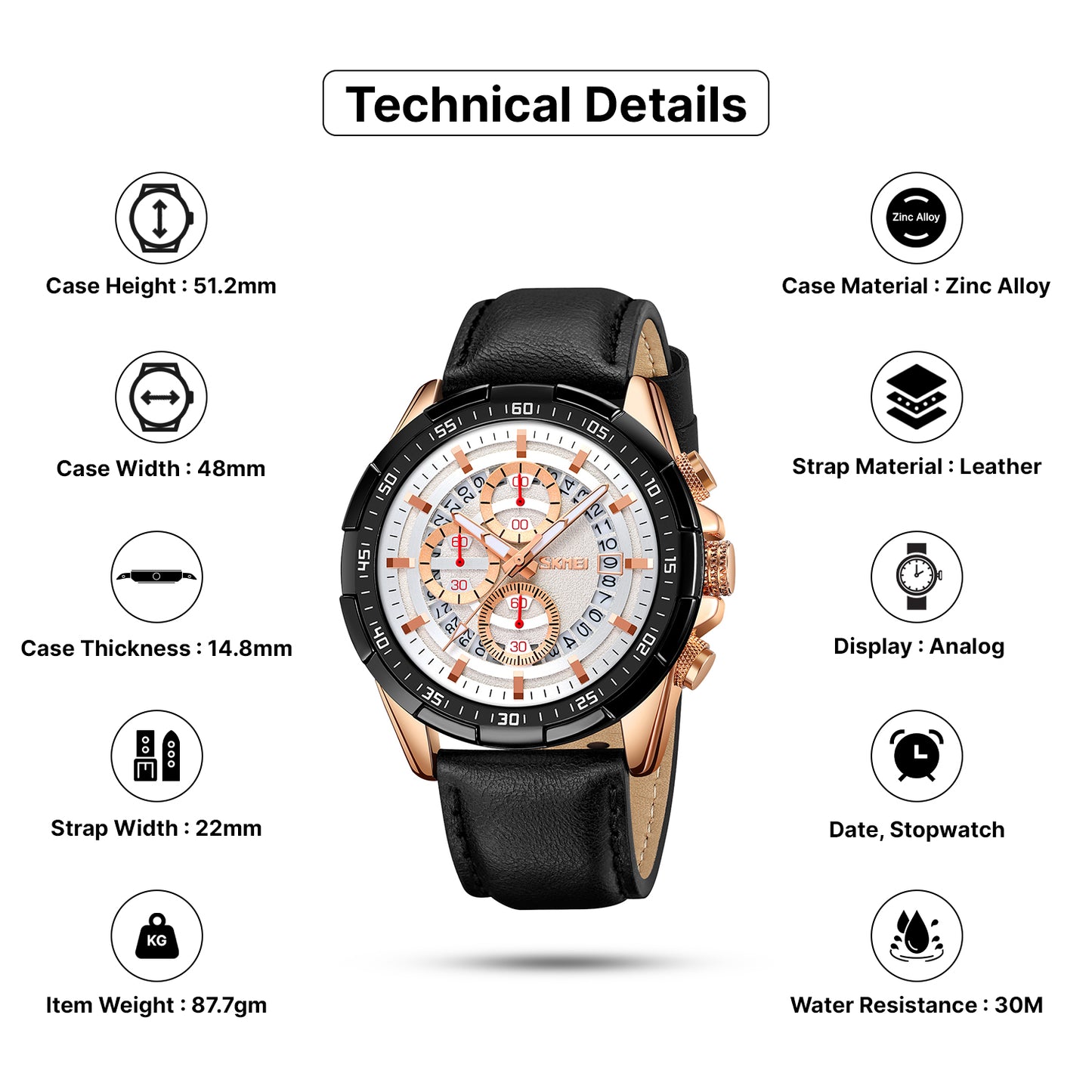 Skmei Quartz Analog Dial Leather Strap Watch for Men - 9312