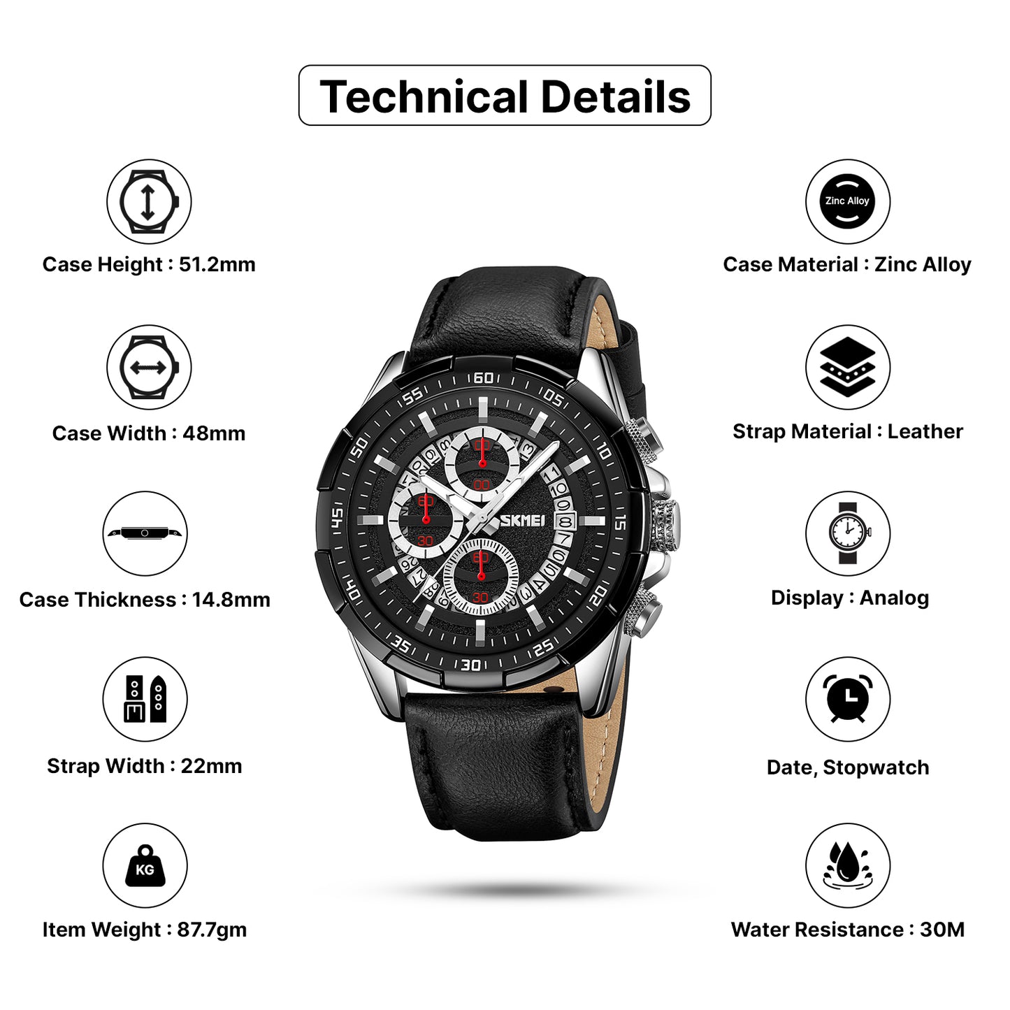 Skmei Quartz Analog Dial Leather Strap Watch for Men - 9312