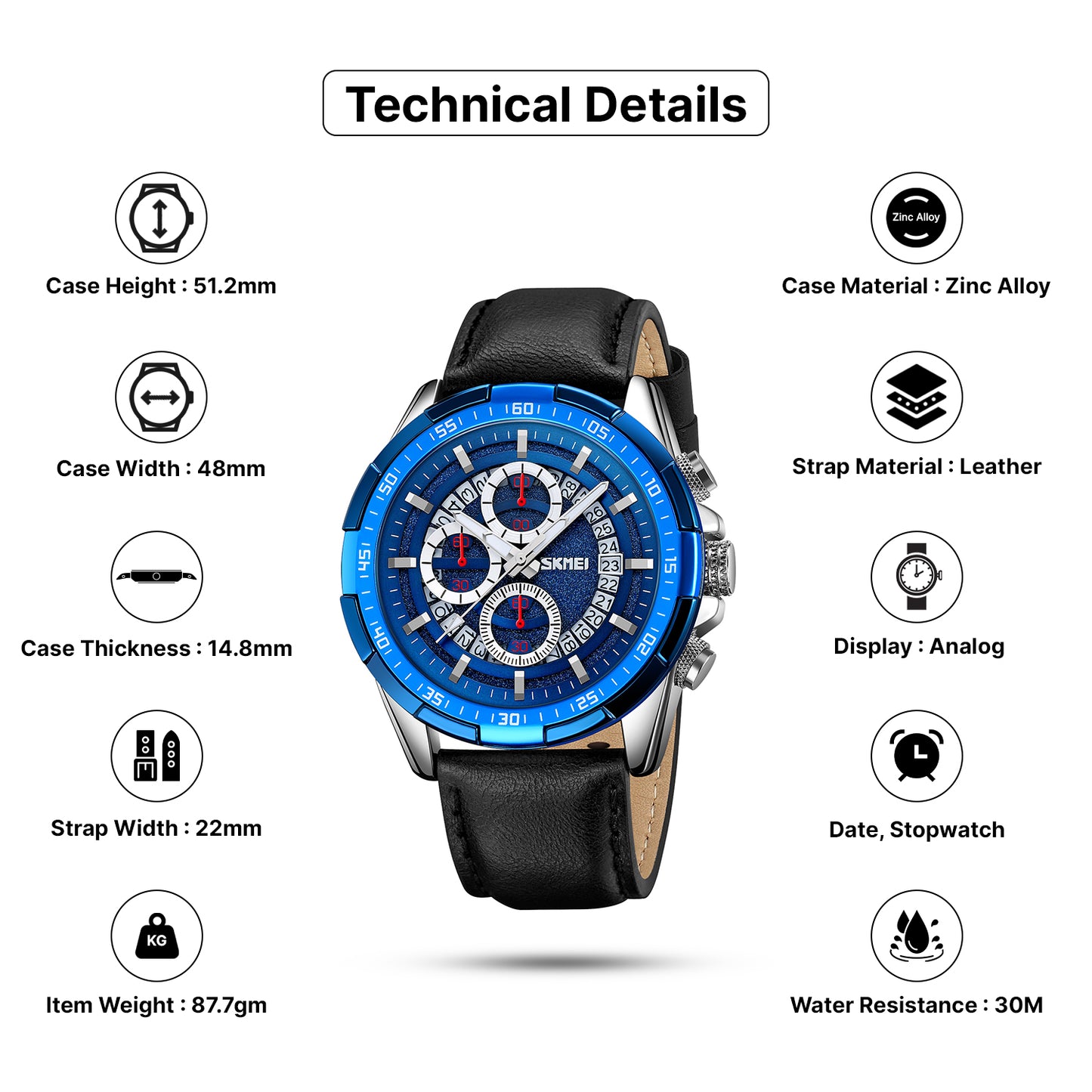 Skmei Quartz Analog Dial Leather Strap Watch for Men - 9312