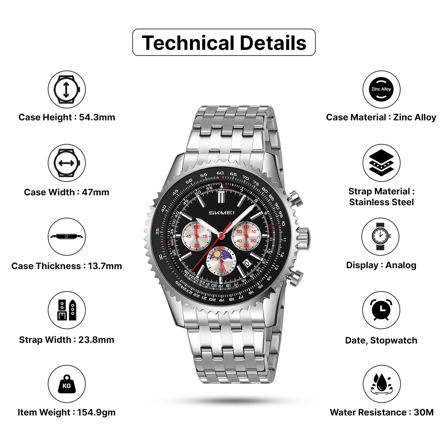 Skmei Quartz Analog Dial Stainless Steel Strap Watch for Men - 9348