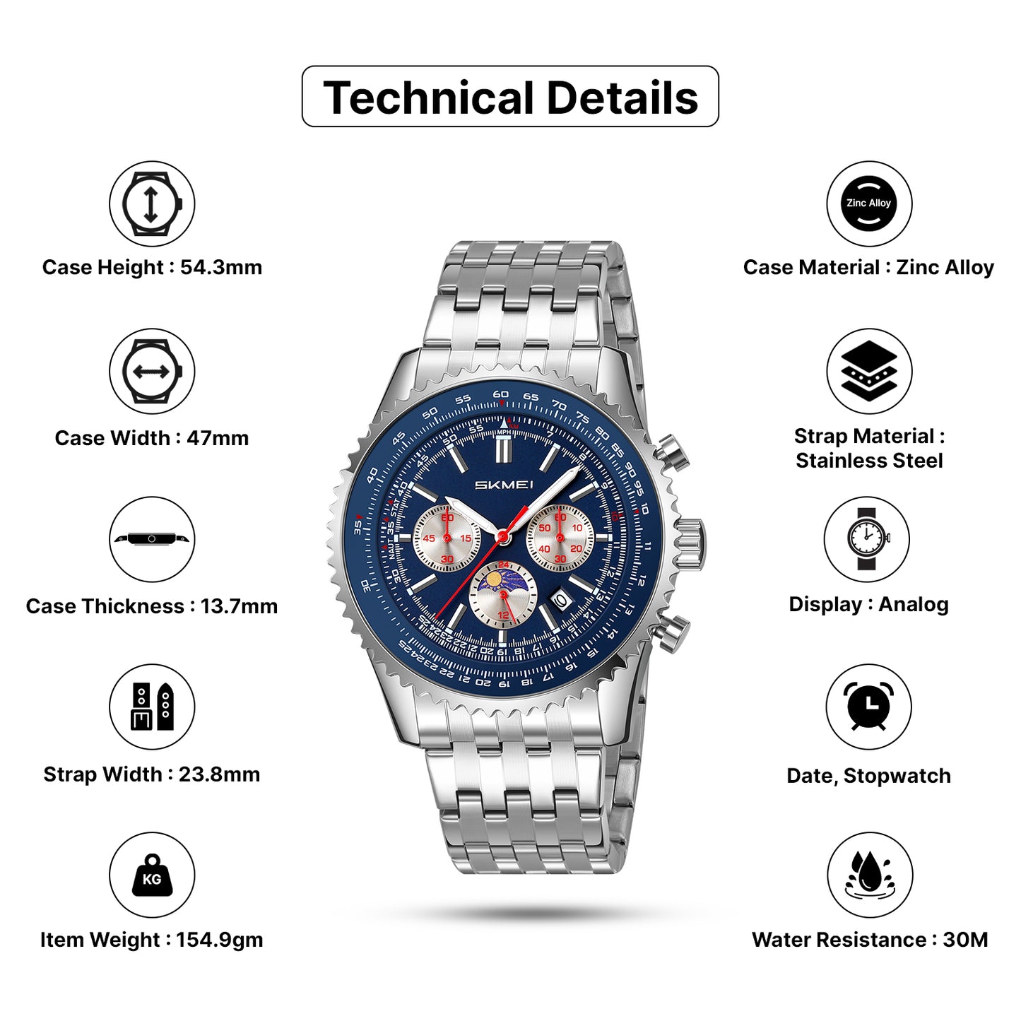 Skmei Quartz Analog Dial Stainless Steel Strap Watch for Men - 9348