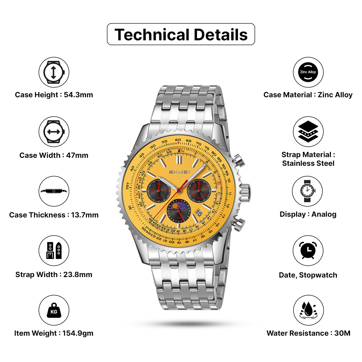 Skmei Quartz Analog Dial Stainless Steel Strap Watch for Men - 9348