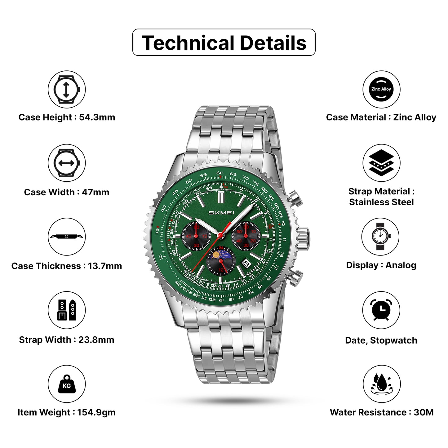 Skmei Quartz Analog Dial Stainless Steel Strap Watch for Men - 9348