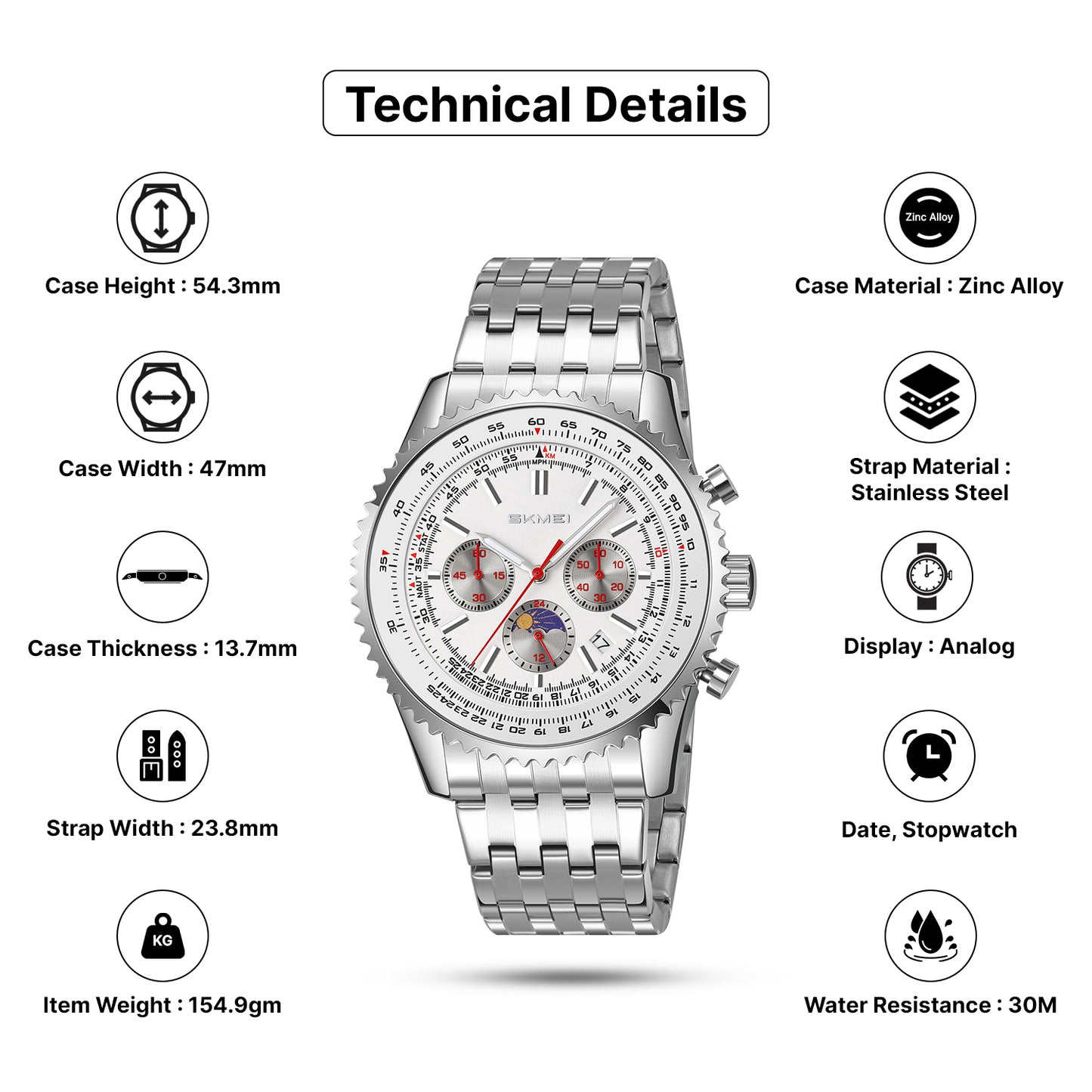 Skmei Quartz Analog Dial Stainless Steel Strap Watch for Men - 9348