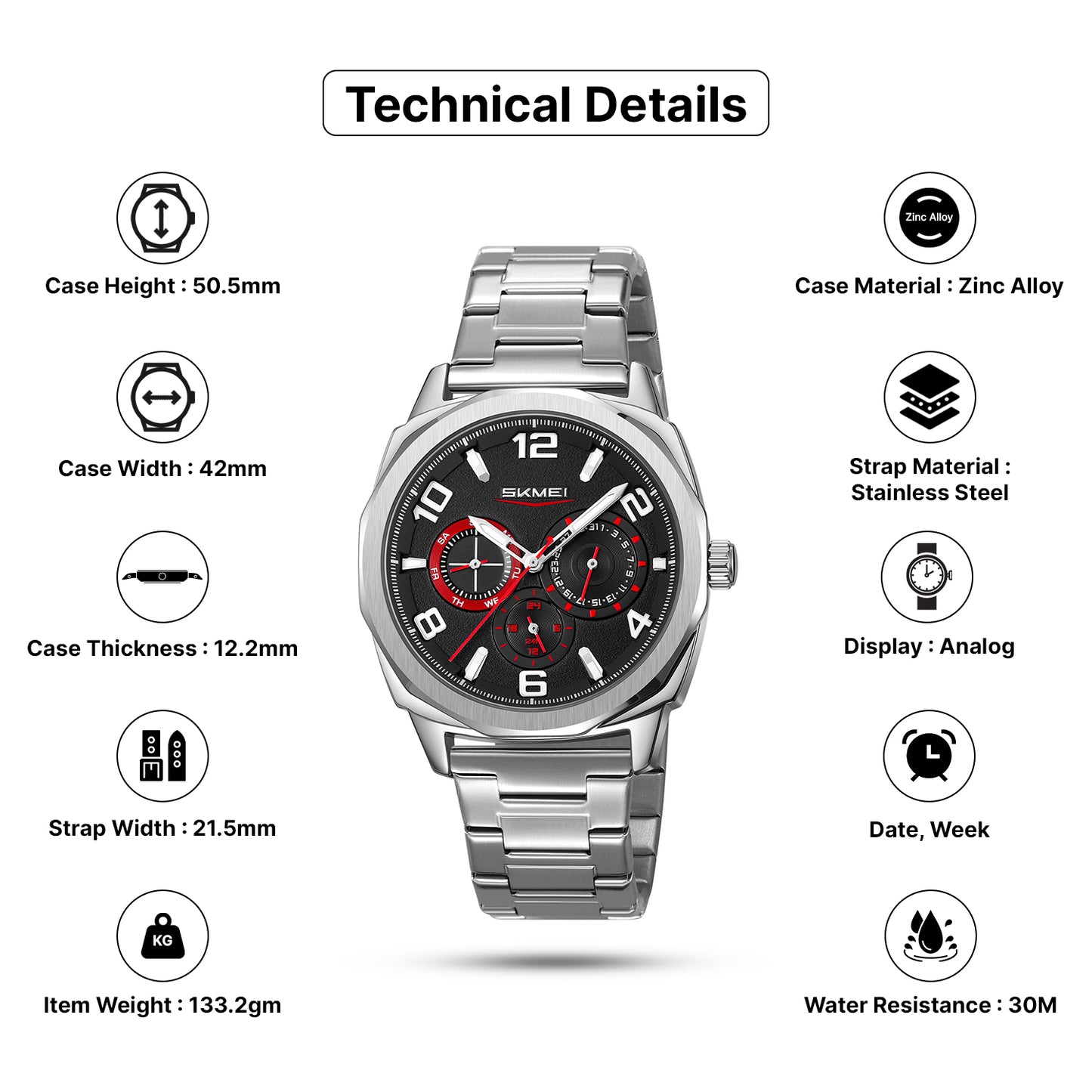 Skmei Quartz Analog Dial Stainless Steel Strap Watch for Men - 9350