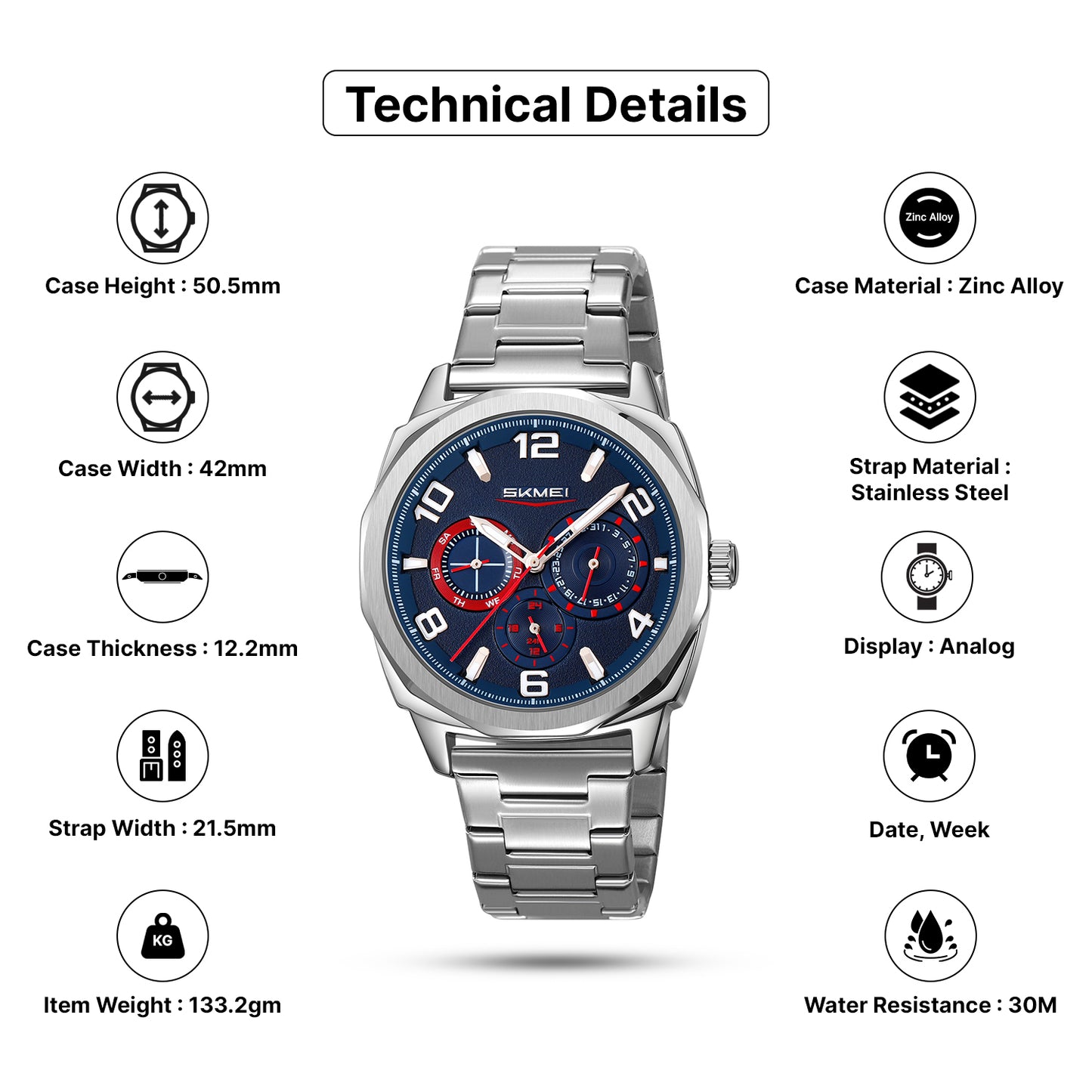 Skmei Quartz Analog Dial Stainless Steel Strap Watch for Men - 9350