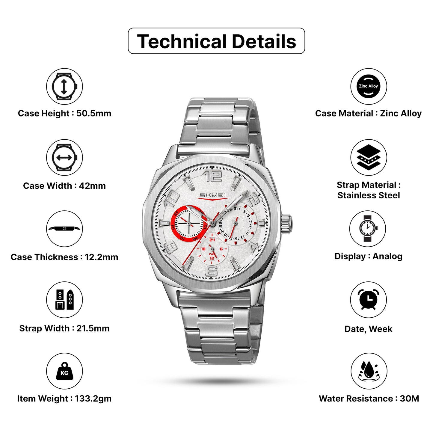 Skmei Quartz Analog Dial Stainless Steel Strap Watch for Men - 9350